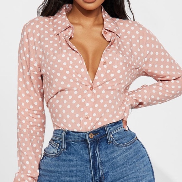 Pink & White Polka Dots Long Sleeve Button Down Top - Picture 3 of 8